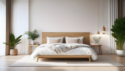 Fototapeta premium minimalistic design of a modern bedroom in white shades a double bed with a wooden headboard clean white linens and pillows