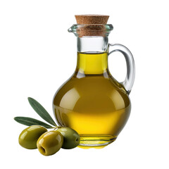 Extra Virgin Olive Oil with Fresh Olives and Leaves in a Decorative Bottle on transparent background