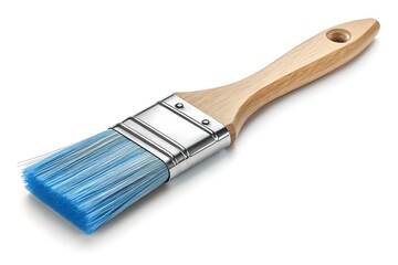 Paintbrush Closeup Blue Bristles, Metal Ferrule, Wooden Handle, Angled View, Isolated