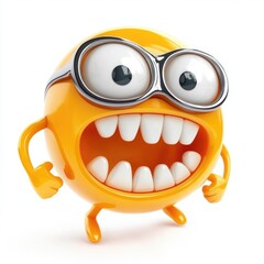 Fototapeta premium Round, orange cartoon character with wide eyes and a toothy grin.
