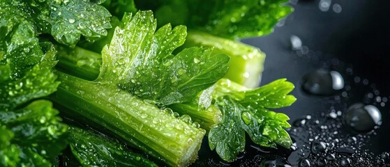 Close-up of a bunch of fresh green celery leaves with water droplets on them. the leaves are arranged in a bunch and appear to be freshly picked.