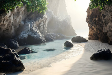 Sunlight streams through a secluded beach cove.