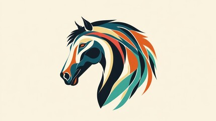 Colorful horse head profile, artistic design, beige background, for branding
