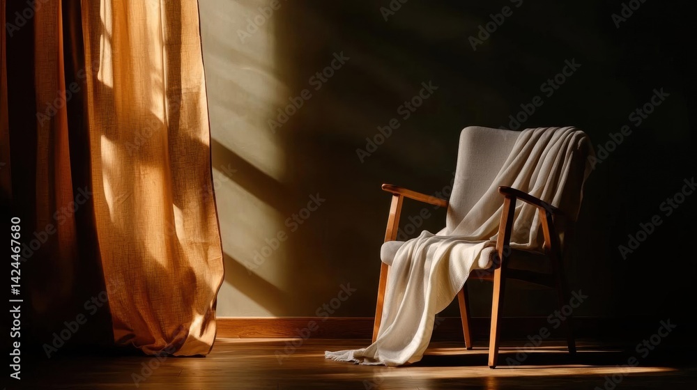 Poster corner of a room with a wooden floor and a large window on the left side. the window is covered with