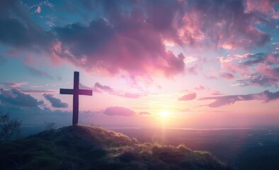 Fototapeta premium Majestic Cross at Sunset Inspirational Mountain Peak View with Dramatic Sky for Travel and Spiritual Retreats