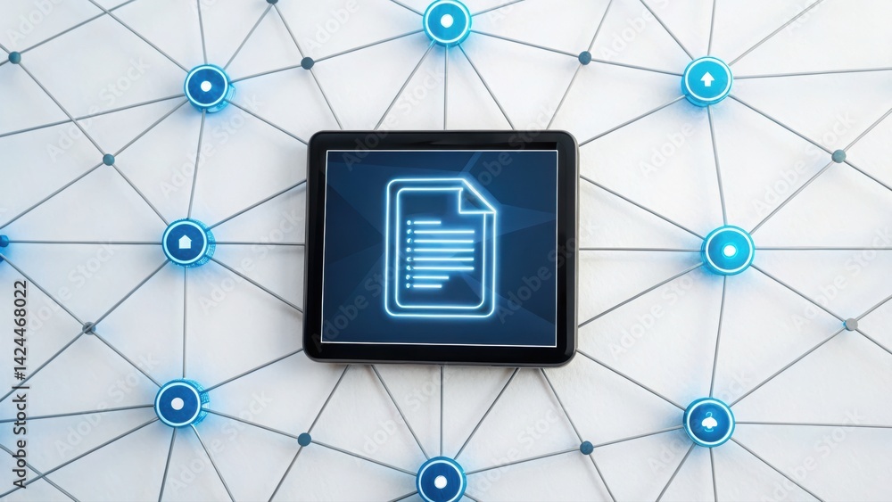 Aufkleber modern tablet device displaying digital document icon connected to a network of glowing circular nod