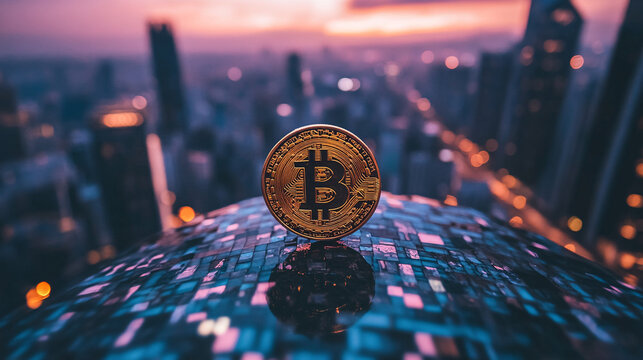 Bitcoin coin standing on rooftop with cityscape in background - Powered by Adobe