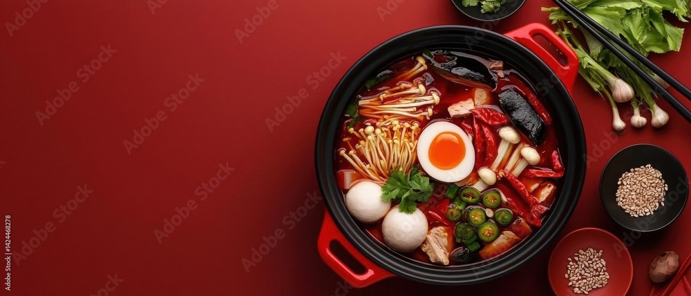 Poster red-colored pot of hot and sour soup on a red background. the pot is black and has a handle on one s