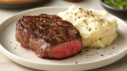 Restaurant plating featuring medium steak with creamy mashed potatoes.