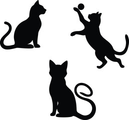 cats silhouette in different poses. Hand drawn black cats isolated on white and vector background.