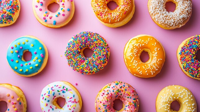 Colorful donuts with sprinkles on pastel pink background