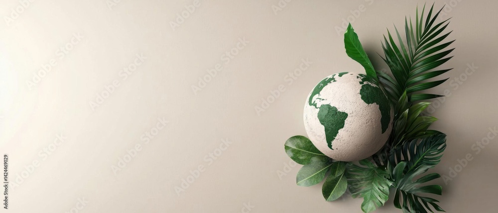 Poster 3d rendering of a globe with a green and white color scheme. the globe is placed on a beige backgrou