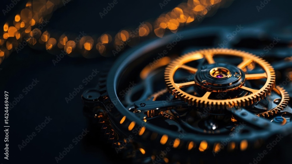 Poster close-up of a mechanical watch mechanism. the mechanism is made up of two gears, one in the center a
