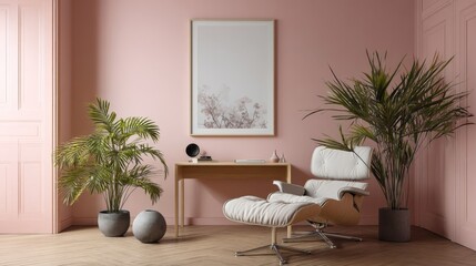 Minimalist pink office interior with white furniture and decor accents in sunlight.