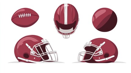 Naklejka premium Maroon football helmet and ball views. Sports equipment illustration