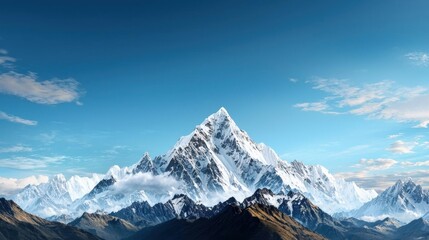 Landscape photograph of a mountain range. the sky is a clear blue with a few scattered clouds. the mountains are covered in snow and the peaks are jagged and jagged.