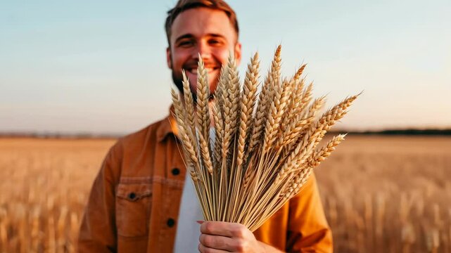 Young caucasian male in wheat field holding harvest bundle