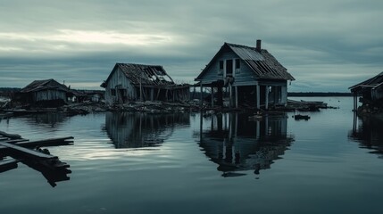 Fototapeta premium Submerged Ruins: A haunting reflection of forgotten houses swallowed by a tranquil lake under a melancholic sky