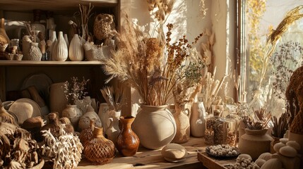 Boho pottery and dried florals in earthy neutral studio setting