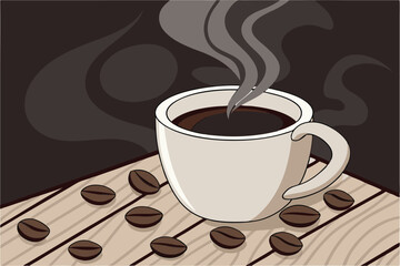 Obraz premium Steaming Cup of Coffee on Wooden Table Cozy Morning Coffee Photo