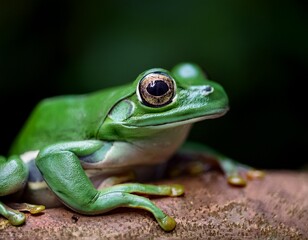 Fototapeta premium close up of an emerald green frog captured with soft focus against dark green background