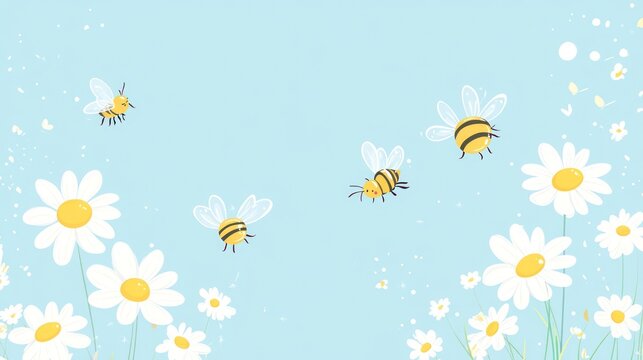 Fototapeta Bees flying near daisies in a blue sky  spring background