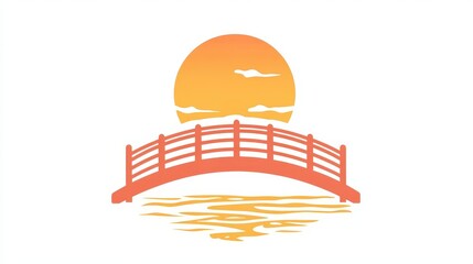 Fototapeta premium A serene sunset scene with an arched bridge over a calm body of water.