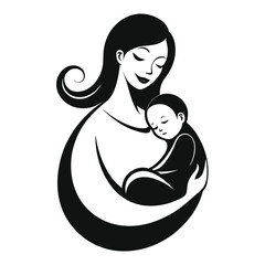 Mother and Baby Embrace Black and White Illustration