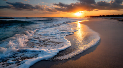 A golden sunset illuminating the white sand beach with gentle waves crashing against the shore, creating a breathtaking view towards an infinite horizon.
