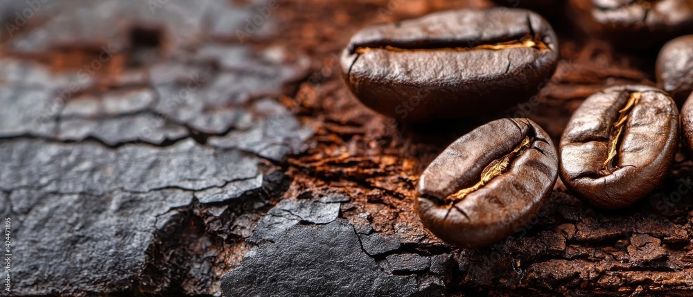 Poster group of coffee beans on a dark, textured surface. the beans are dark brown in color and appear to b
