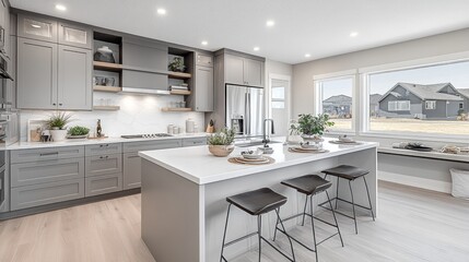 Modern gray kitchen with an island and large windows.