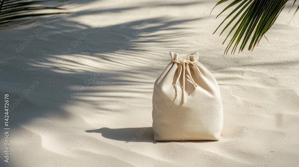 Poster small drawstring bag lying on a sandy beach. the bag is made of a light-colored fabric and has a dra