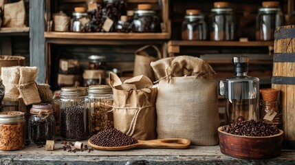 Rustic pantry shelves with glass jars and burlap bags