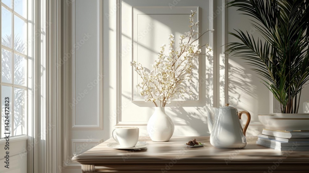 Poster wooden table in a room with a large window on the left side. the window has white curtains and is le