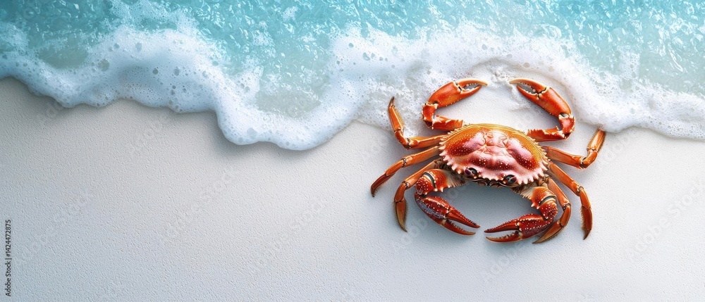 Poster close-up of a red crab on a white sandy beach. the crab is facing towards the right side of the imag