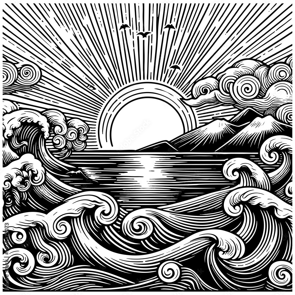 Poster ocean waves with a setting sun and starry sky in the background sketch engraving generative ai png i