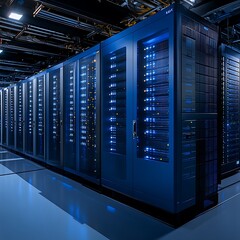 Server Room, Rows of Blue Cabinets, Industrial Interior