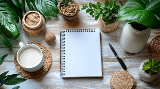 Flat lay of a tidy office desk with an open notebook on a white wooden surface