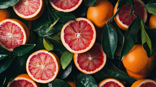 Bright citrus fruits with red grapefruit and oranges in top view