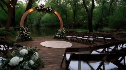 Rustic wedding ceremony site near a serene river.  Wooden archway, floral arrangements, seating, and a circular platform