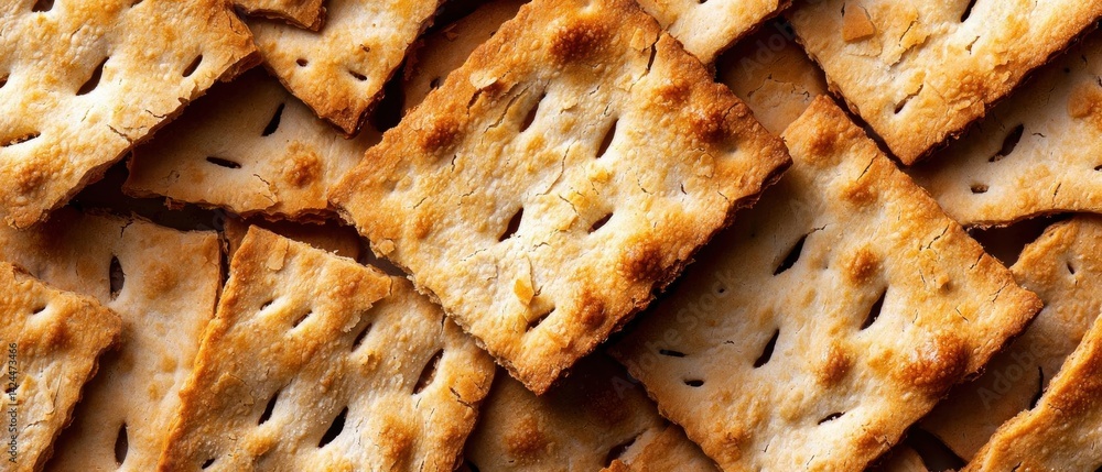 Poster close-up of a pile of crackers. the crackers are golden brown in color and appear to be freshly bake