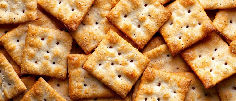 Poster close-up of a pile of crackers. the crackers are golden brown in color and appear to be freshly bake
