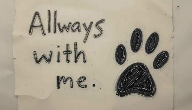 The drawing shows the words allways with me and a paw print sketched on a white piece of paper
