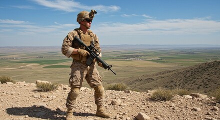 Caucasian man in military gear holds rifle, stands on hill overlooking landscape. Concept of protection, security, military, service, war.