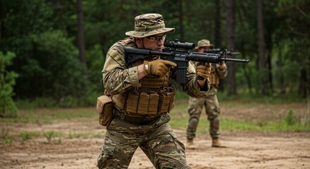 Fototapeta premium Man in tactical gear aiming rifle at target during training drill in forested area, demonstrating military preparedness and security operations concept.