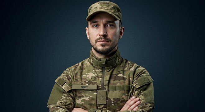 Headshot studio portrait of confidence and strength of a man in camouflage uniform and tactical cap, military officer person studio shot with gray back.