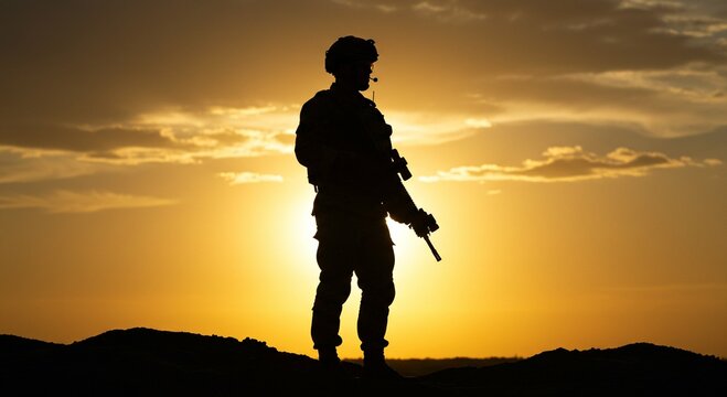 Silhouette of a brave solider standing on a hill at stunning golden sunset with clear yellow sky above. For patriotic themes or military projects.