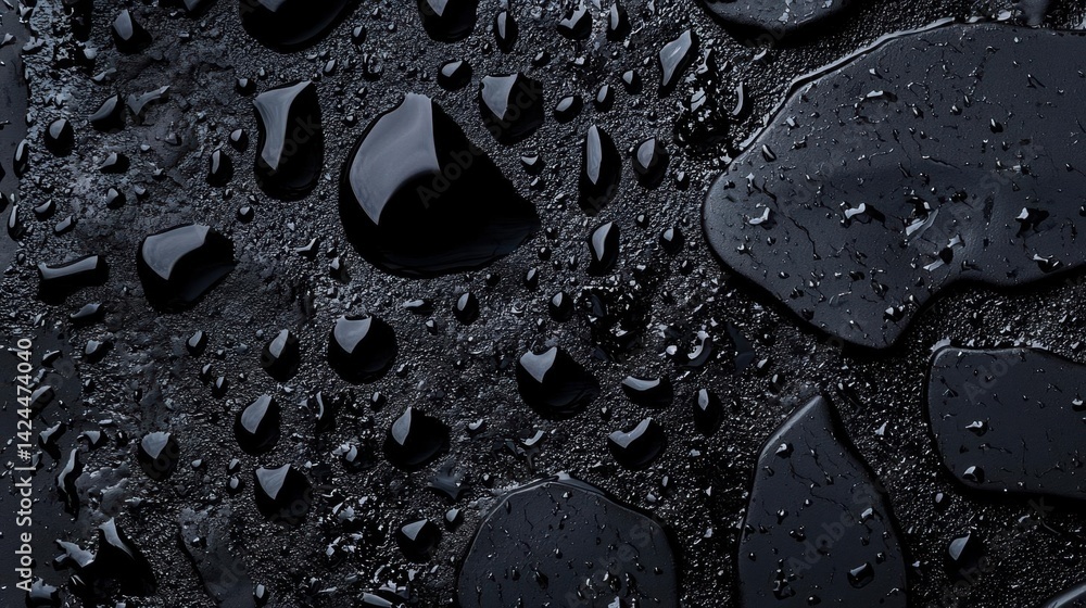 Poster close-up of a black surface covered in small droplets of water. the droplets are scattered randomly 