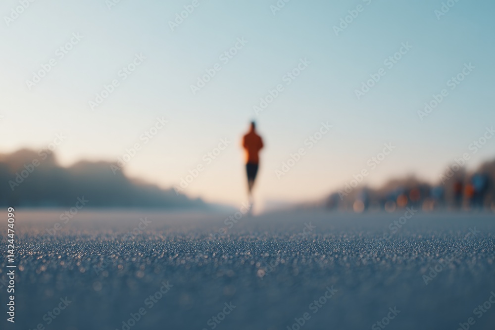 Poster runner on open track blurred people in background signify motion minimalistic style with ample copy 