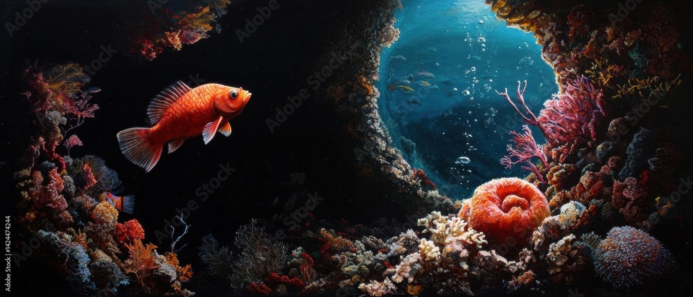 Poster underwater scene with a large orange fish swimming in the center. the fish is facing towards the rig